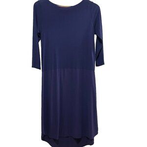 EILEEN FISHER Blue 100% Silk High-Low Hem 3/4 Length Sleeve Boat Neck Dress XXS